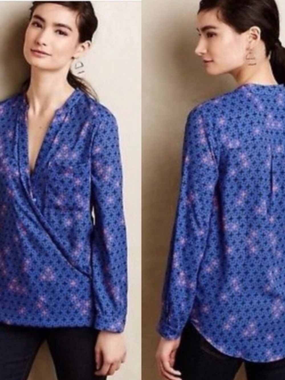 Anthropologie Eva Blue Printed Wrap-Front Blouse